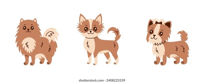 Small dog breeds vector set. Hand drawn collection of happy smiling puppies. Illustration of Spitz, Chihuahua, Yorkshire Terries in flat style. Pet characters design.