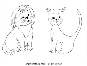 Small dog and cat. Objects isolated on white, vector black on white illustration.