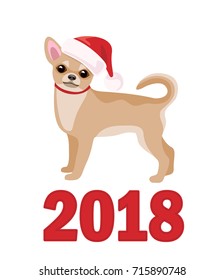 Small Dog Chihuahua in Santa Claus hat isolated on white background. Chinese calendar symbol of 2018 year. Vector flat illustration.