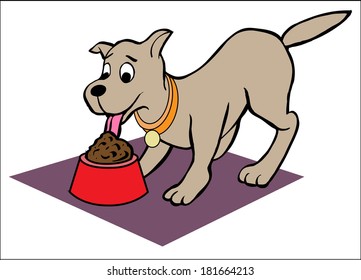 A small dog enjoys a meal from a red bowl