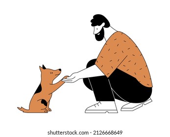 Small Dog Giving Paw To Big Man. Animal Shelter, Adoption, Pet Lovers, Friendship And Caring Concept. Vector Illustration In Linear Style On  White Background