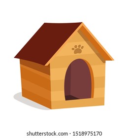 Small dog house, kennel flat vector illustration. Empty wooden booth, doghouse with paw imprint, mark. Pet shop, store product. Domestic animal, puppy care symbol isolated on white background