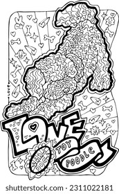 Small dog pet coloring book pages. Cute and lovely little puppet, funny house animal colouring vector page hobby for adults and kids. Hand drawn illustration, cartoon character, line style drawing.