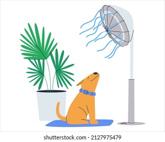 Un perro pequeño puso su boquilla bajo un ventilador en marcha. Refrigerando una mascota en un caluroso día de verano. Ilustración vectorial plana. Eps10