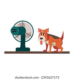 Un perro pequeño puso su boquilla bajo un ventilador en marcha. Refrigerando una mascota en un caluroso día de verano. Ilustración vectorial plana. 