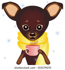 Small dog in a scarf holding a cup of warm tea