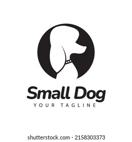 Small dog silhouette design logo, mini poodle facing. Veterinarians, veterinarians.