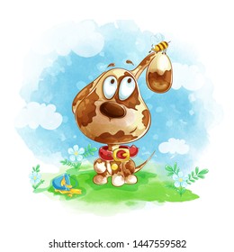 A small dog sits on the lawn and looks at the bee. Cartoon funny vector character for kids. Hand drawing and watercolor.
