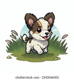 A small dog sitting on top of a grass covered field.