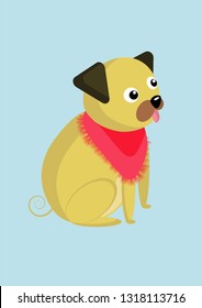 Small dog sitting with a red bandana on a blue background. Cartoon dog.