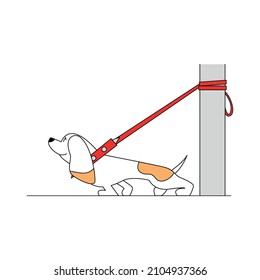 мA small dog is tied to a post and wants to run somewhere. Vector illustration.