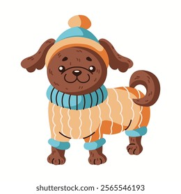 Small dog wearing warm suit and hat flat color vector character. Friendly pet in winter knitted clothing illustration on white background