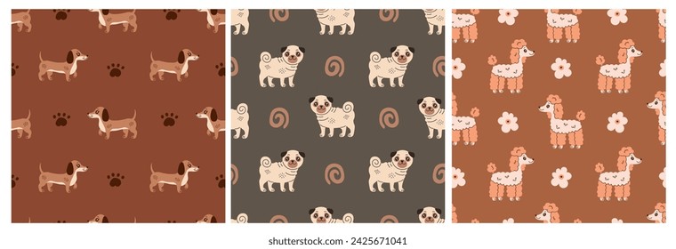 Small dogs seamless patterns collection. Cozy set of doggy backgrounds for pets, products, wrapping paper, fabric, textile. Modern animal repeat vector illustration