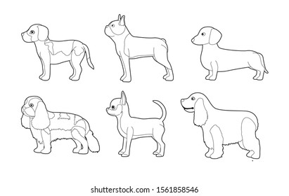 Small Dogs Side View Cartoon Vector Coloring Book Set 1