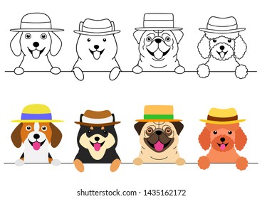 small dogs with straw hat in a row