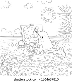 Small dolphin drawing a funny picture of a toy sailing ship in water of a tropical beach on a sunny summer day, black and white vector cartoon illustration for a coloring book page