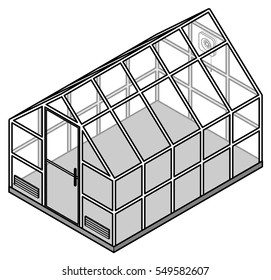 A small domestic greenhouse / hot house / glass house with ventilation grills and an extractor fan. Drawn in a simple line style.