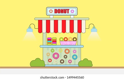 Small donut shop, Vector flat design illustration of sweets shop building.Show Donuts Put up for sale. 
Small Franchise business concept