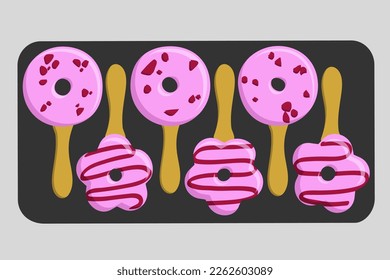 Small Donuts with pink icing and bright sprinkles on a black rectangular plate. Tasty vector illustration