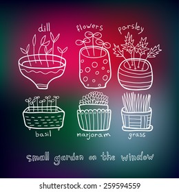 Small doodle garden on the window on blurred background.