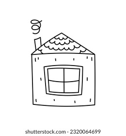 Small doodle house. Hand drawn outline one flor building with tile roof and chimney pipe with smoke. Vector illustration