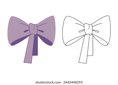 Small doodle set with two hair bows. Colored, black and white vector illustration.