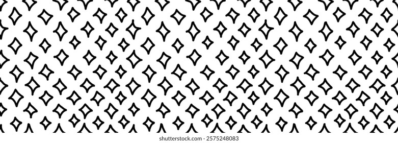 Small doodle star seamless pattern. Abstract black and white background with hand drawn star shapes. Great for prints, stationery, home decor, kids designs, and creative projects. Vector illustration
