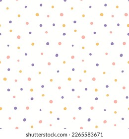 Small dots simple seamless geometric pattern, violet, pink, yellow, white background. Hand drawn vector illustration. Childish texture. Design concept for kid fashion print, textile, fabric, wallpaper