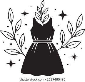 Small Dress Silhouette Black and White Line Art with Leaves and Stars