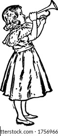 A small dressed in gown and wearing cut shoes, playing a musical instrument, the horn, vintage line drawing or engraving illustration.
