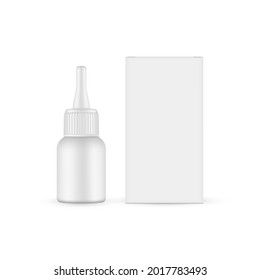 Small Dropper Bottle with Long Tip Cap, Paper Box, Front View, Isolated on White Background. Vector Illustration