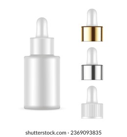 Small Dropper Bottle Mockup With Metallic, Plastic, Golden Caps, Isolated On White Background. Vector Illustration