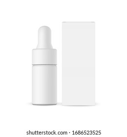 Small dropper bottle with paper box mockup, isolated on white background, front view. Vector illustration