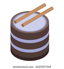 Small drum with wooden drumsticks lying on top isometric vector illustration