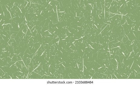 Small dry leaves and twigs of plants on green background. Carelessly scattered dry debris of plant residues. Texture of old poster back. Vector