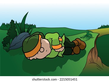 Small Dwarf in Green Clothes Sleeping on the Ground - Colored Cartoon Illustration with Background, Vector