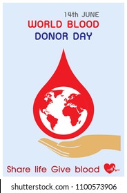 A small earth in blood droplet float on hand with slogan and name of "World Blood Donor Day" letter in vector design isolate on light blue background. 