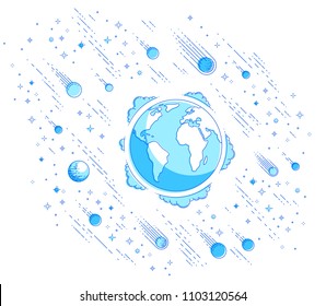 Small Earth in endless space surrounded by asteroids, comets, meteors, stars and other elements. Cosmos science theme. Thin line 3d vector illustration isolated on white.