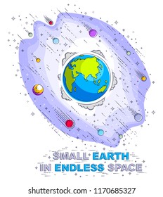 Small Earth in endless space surrounded by asteroids, comets, meteors, stars and other elements. Cosmos science theme. Thin line 3d vector illustration isolated on white.