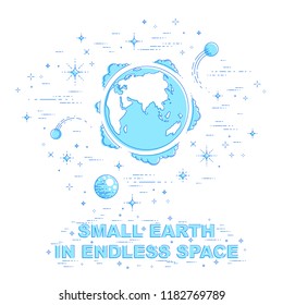 Small Earth in endless space surrounded by asteroids, comets, meteors, stars and other elements. Cosmos science theme. Thin line 3d vector illustration isolated on white.