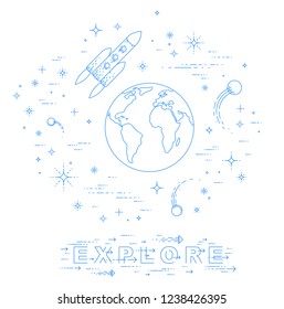 Small Earth in endless space surrounded by asteroids, rockets, meteors, stars and other elements. Cosmos science theme. Thin line 3d vector illustration isolated on white.