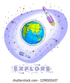 Small Earth in endless space surrounded by asteroids, rockets, meteors, stars and other elements. Cosmos science theme. Thin line 3d vector illustration isolated on white.