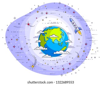 Small Earth in endless space surrounded by asteroids, rockets, meteors, stars and other elements. Cosmos science theme. Thin line 3d vector illustration isolated on white.