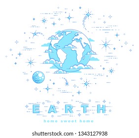 Small Earth in endless space surrounded by asteroids, comets, meteors, stars and other elements. Cosmos science theme. Thin line 3d vector illustration isolated on white.