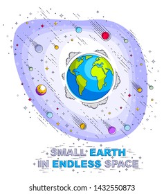 Small Earth in endless space surrounded by asteroids, comets, meteors, stars and other elements. Cosmos science theme. Thin line 3d vector illustration isolated on white.