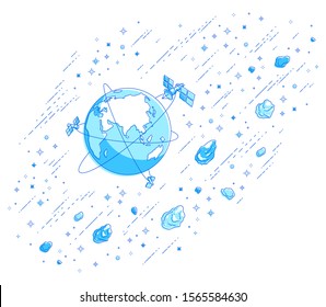 Small Earth in endless space surrounded by asteroids, comets, meteors, stars and other elements. Cosmos science theme. Thin line 3d vector illustration isolated on white.