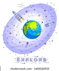 Small Earth in endless space surrounded by asteroids, rockets, meteors, stars and other elements. Cosmos science theme. Thin line 3d vector illustration isolated on white.