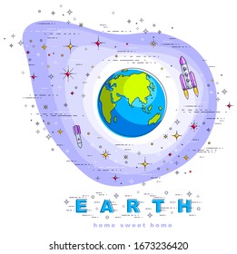 Small Earth in endless space surrounded by asteroids, rockets, meteors, stars and other elements. Cosmos science theme. Thin line 3d vector illustration isolated on white.