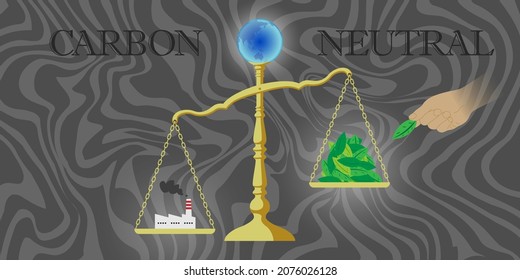 Una pequeña tierra se sienta sobre la balanza. Los platos de ambos lados tienen una fábrica y hojas, y la fábrica es más pesada. Patrón de mármol gris en el fondo. Creado con datos vectoriales.