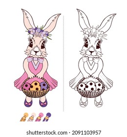 Un pequeño conejito de Pascua vestido de fiesta con una corona en la cabeza, sostiene una pequeña cesta con huevos de mimbre decorados. Ilustración vectorial de color y blanco y negro para niños para colorear.
